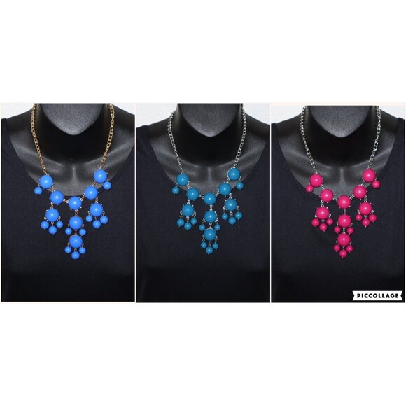 Unbranded Jewelry - Lot of 3 STATEMENT Necklaces Blues & Pink/Red Cabochon Bubble Bib Chunky 17"+